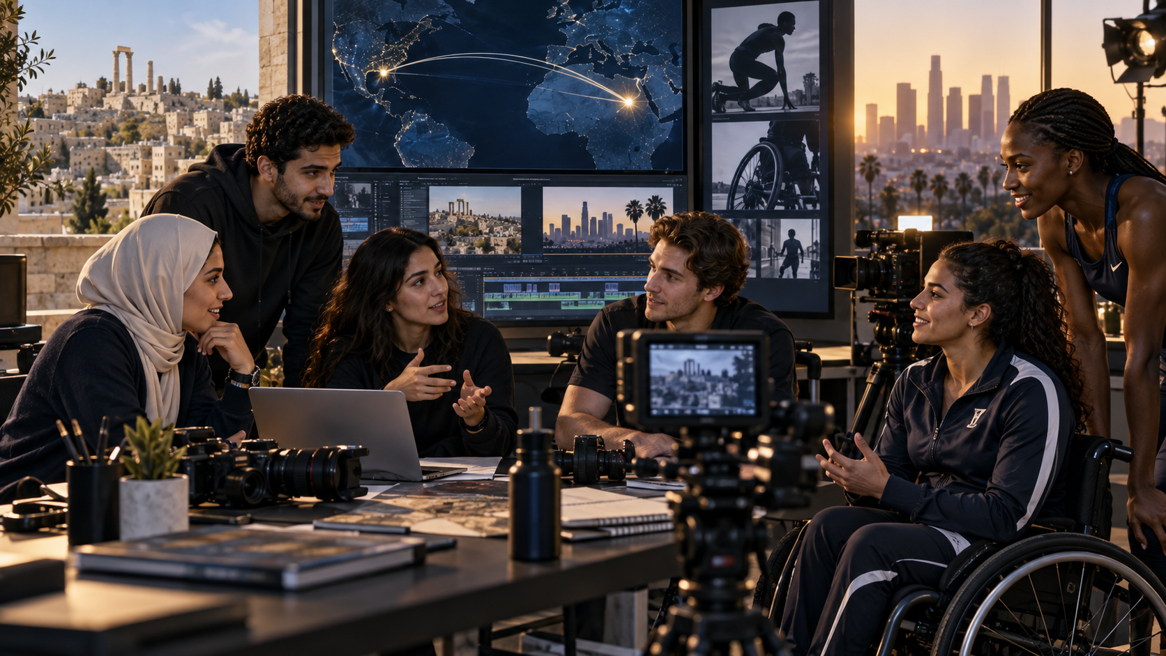 A diverse international team of young filmmakers and athletes collaborating across cultures.